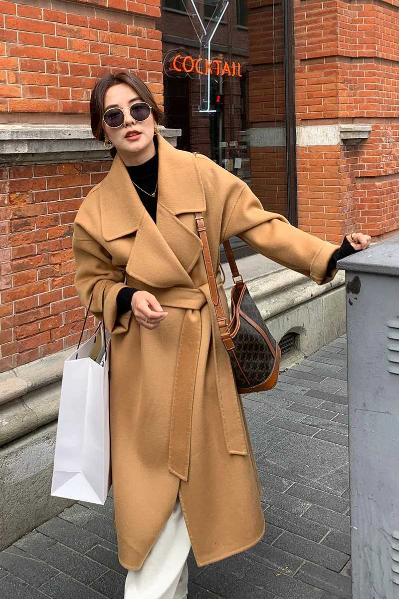2024 New Autumn And Winter Womens Coat 100% Merino Wool Lapel Tie Commuting Classic Retro Loose Mid-Length CoatX241009