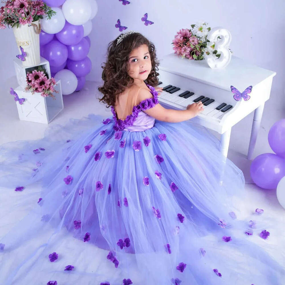 R&W 2024 Lavender Girls wer Communion Gowns Jewel Hand Made wers Princess Queen Birthday Party Dress for Cute Little Girl F124