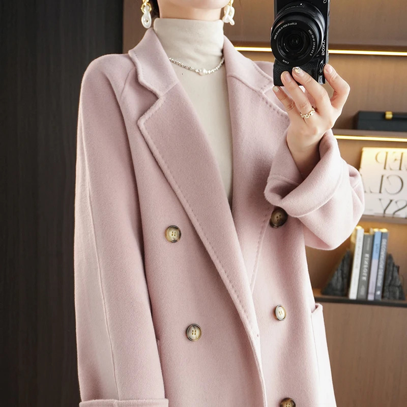 Autumn And Winter Womens DoubleSided Woolen Double Breasted Coat Temperament Solid Color Medium Long 240930