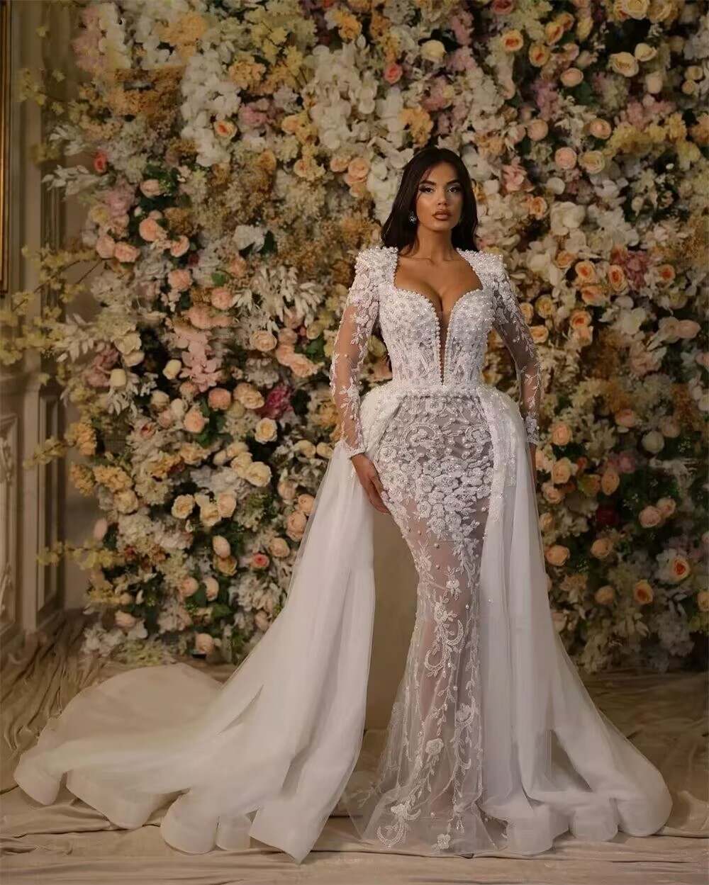 Exquisite Mermaid Wedding Dress Beading Pearls Sweetheart Neck Long Sleeve Bride Gowns Appliques Bridal Dresses Custom Made