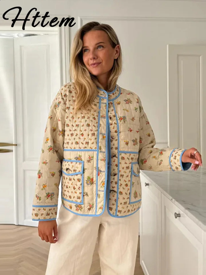 Casual printed bedding coat womens loose O-neck single chest pocket coat womens autumn and winter womens jacket 241007