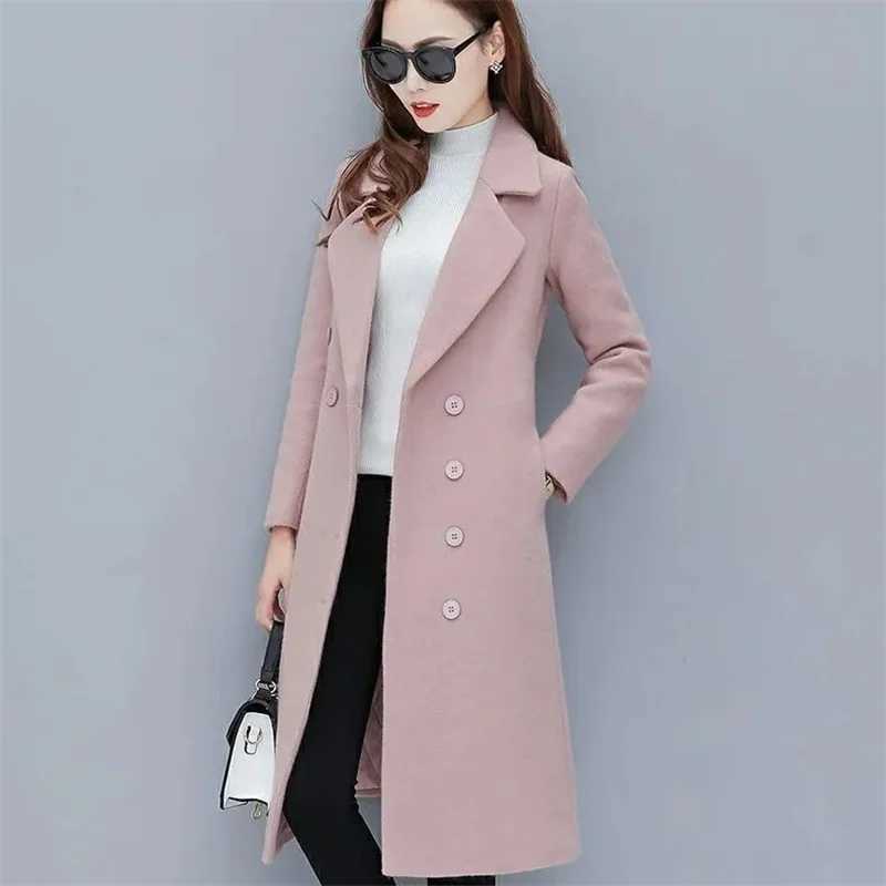 Female Woolen Coat Velvet 2023 Womens Double-Breasted Woolen Coat Spring and Autumn Woolen Coat Fashion Suit Collar ThickTrenchX241009