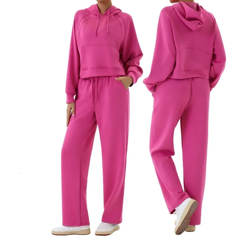 Fashion casual sweater sportswear hoodie loose top wide leg pants running fitness set twopiece womens 241007