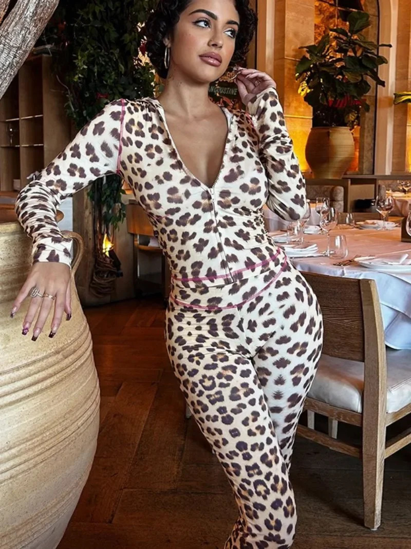 Fashion Autumn Leopard Print Two Piece Matching Sets Hooded Zipup Cardigan TopLong Pants Suit Streetwear Female Tracksuits 241008