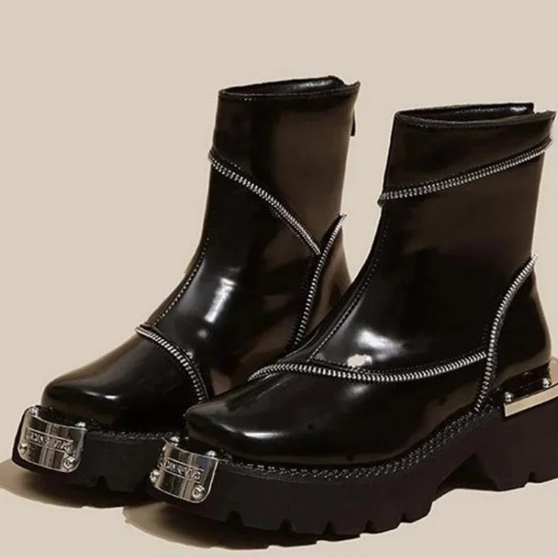 Womens shoes high-quality zippered womens boots autumn round toe solid short bucket middle heel waterproof British boots 241007