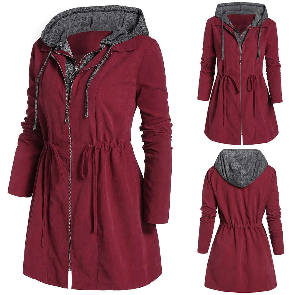 Mid to long womens autumn and winter coat with double zipper fake two-piece hooded plus size stylish clothes for women