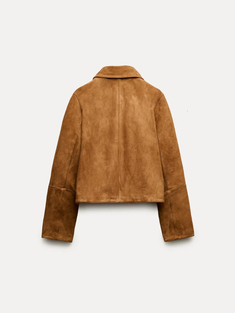 RR3359 Womens Short Leather Suede Jacket Collar Long Sleeve Spring Jacket Waterproof Cloth Zaba Womens 3-Button Front 241009