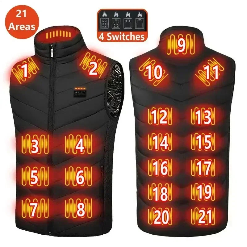 21 Heating Areas Jacket Mens Winter USB Electric Heating Warm Sleeveless Vest Infrared Heating Clothes Mens Snow Ski Vest 241007