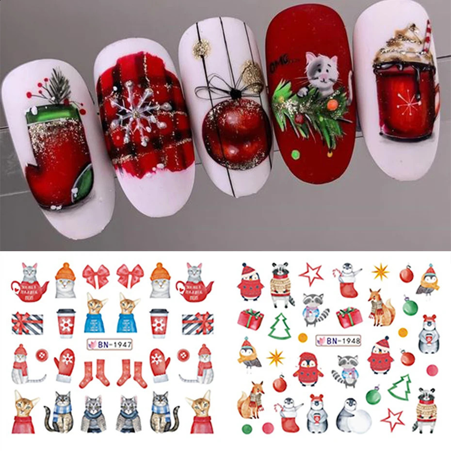 12 Cute Christmas Nail Stickers with Bird Bear Cartoon Animal Snowflake Slide Water Decoration Tips 241008