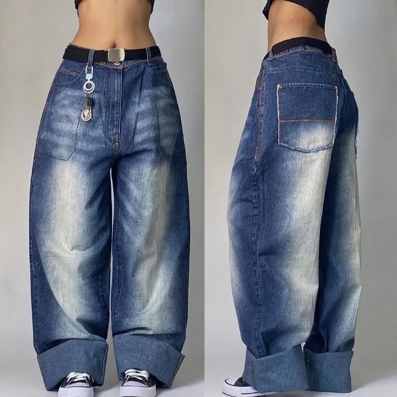 Y2K Harajuku Blue Washed Baggy Jean Streetwear Fashion Vintage Punk Style Casual Joker High Waist Wide Leg Trousers 240911