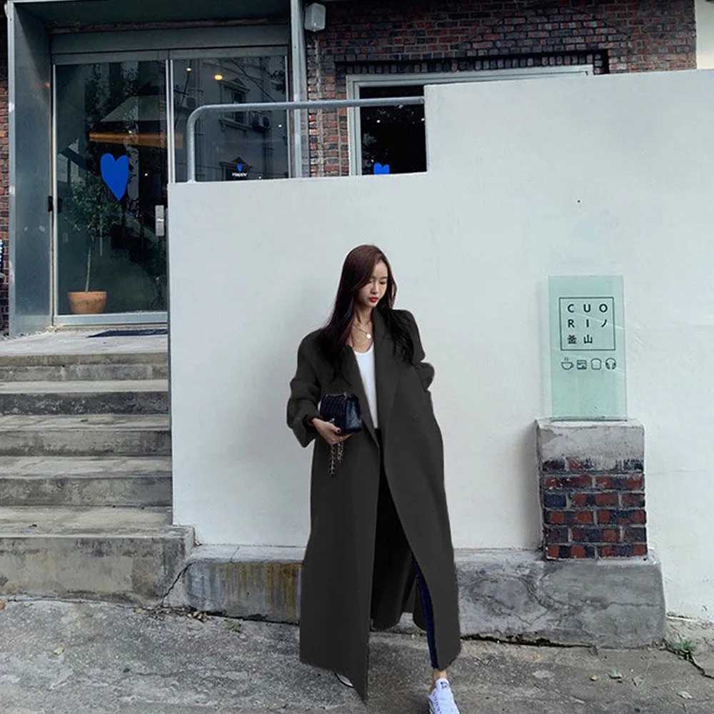 2023 Korean Style Women Long Woolen Blends Jacket Casual Cardigan Coats Fashion Autumn Overcoat Lady Wool Coat Warm Pink OutwearX241009