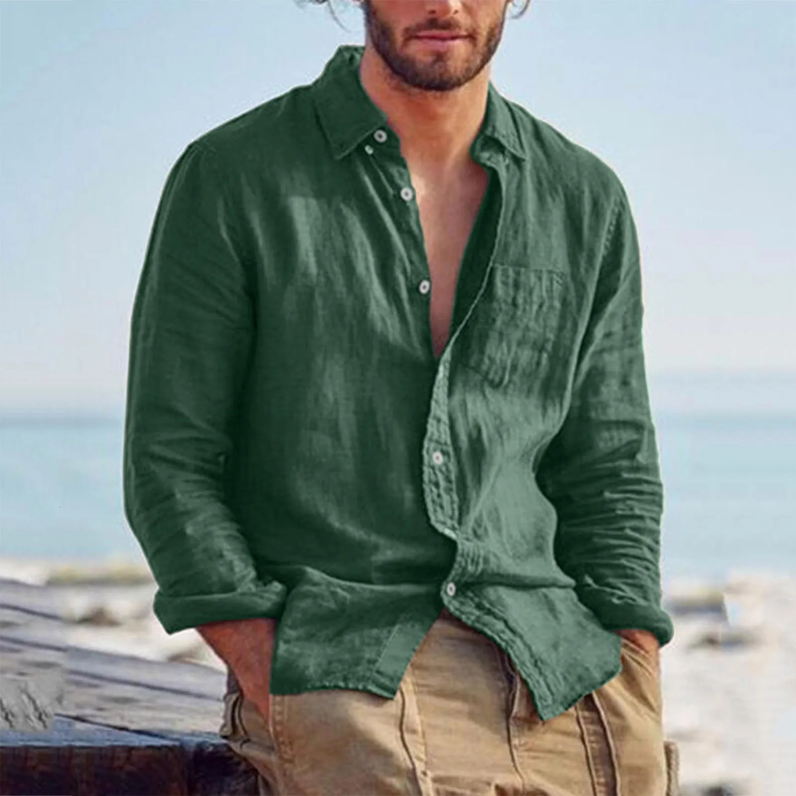 Mens green cotton linen casual shirt loose fitting long sleeved lapel Hawaiian shirt streetwear casual shirt 241009