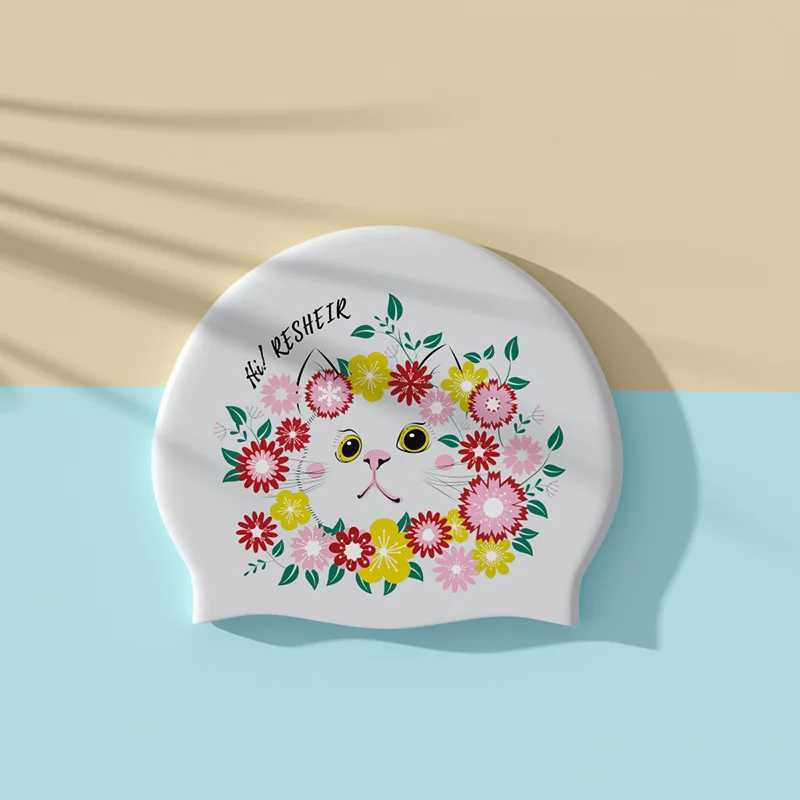 Cartoon swimming cap fashionable printing silicone swimming cap womens large long hair earmuffs swimming pool accessories CL241009