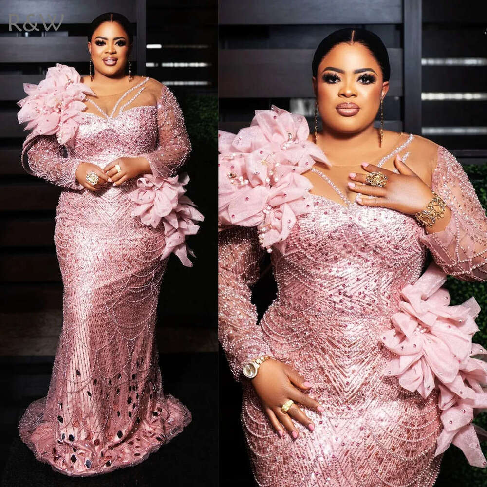 R&W 2024 Plus Size Aso Ebi Prom Dresses for Black Women Pink Promdress Illusion Long Sleeves Beaded Lace Pearls Rhies Mirror Sequins Decorate Gala Gow
