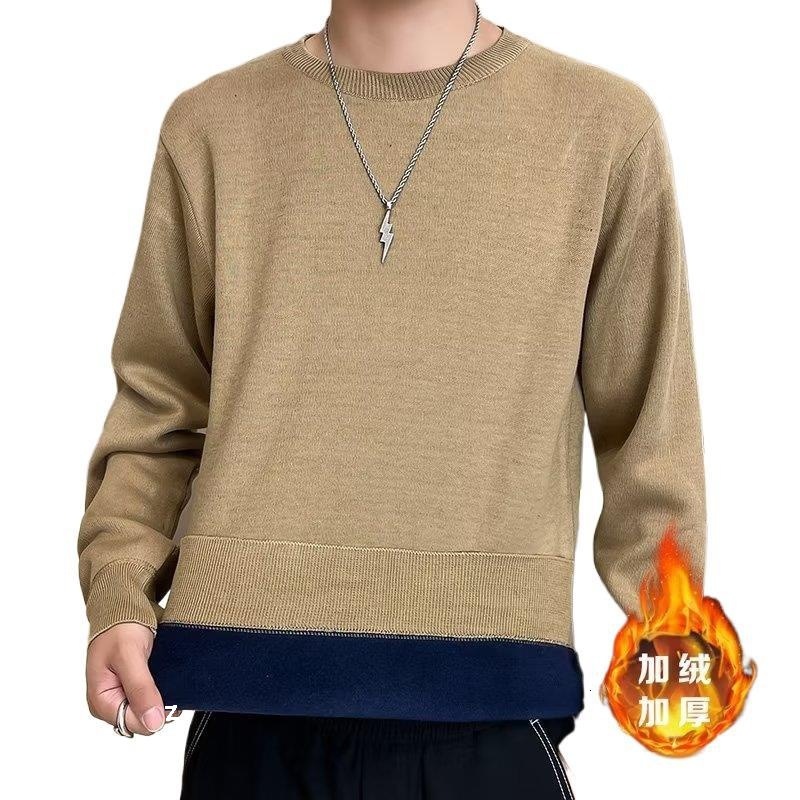 2024 Designer Winter Men's Round Neck Basic Solid Color Integrated Knitted Sweater Inner Bottom Coat Thick Velvet Warmth