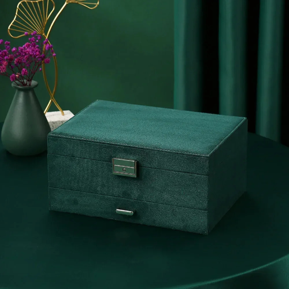 Three Layers Retro High Quality Velvet Jewelry Box with Necklace Hook Earrings Ring Bracelet Storage Case Green Colors 240929