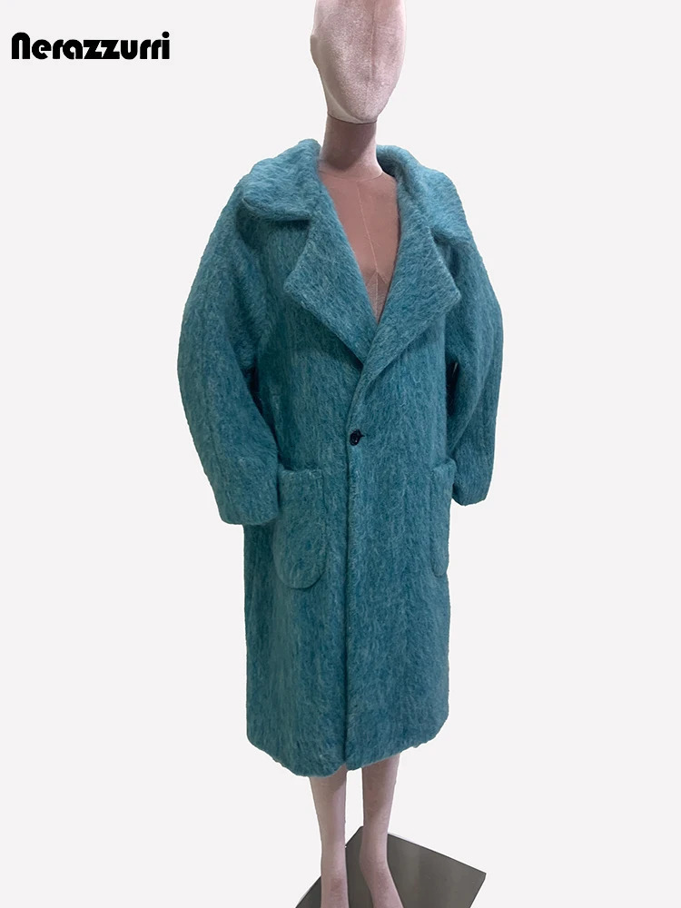 Nerazzurri Autumn Winter Long Oversized Thick Warm Soft Blue Woolen Coat Women Single Button Loose Casual Korean Fashion 2024 240930