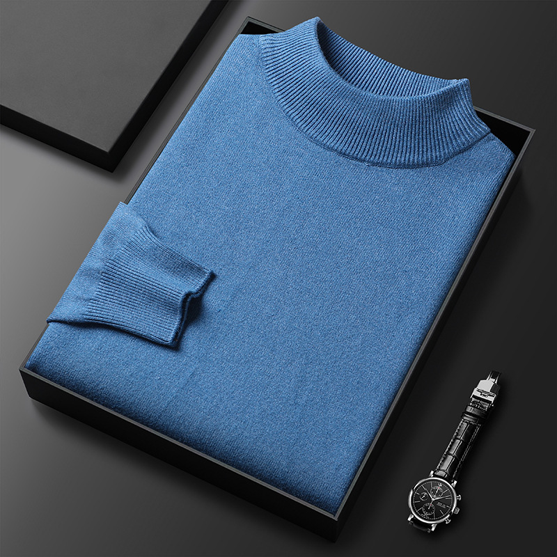 2024 new designer winter semi high neck knitted base sweater for middle-aged and young men, slim fit solid color hoodie in multiple colors