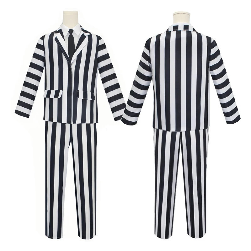 Beetle Juice Mens Black and White Stripe Set Horror Halloween Costume Wig Tie Shirt for Role Playing Parties 241009
