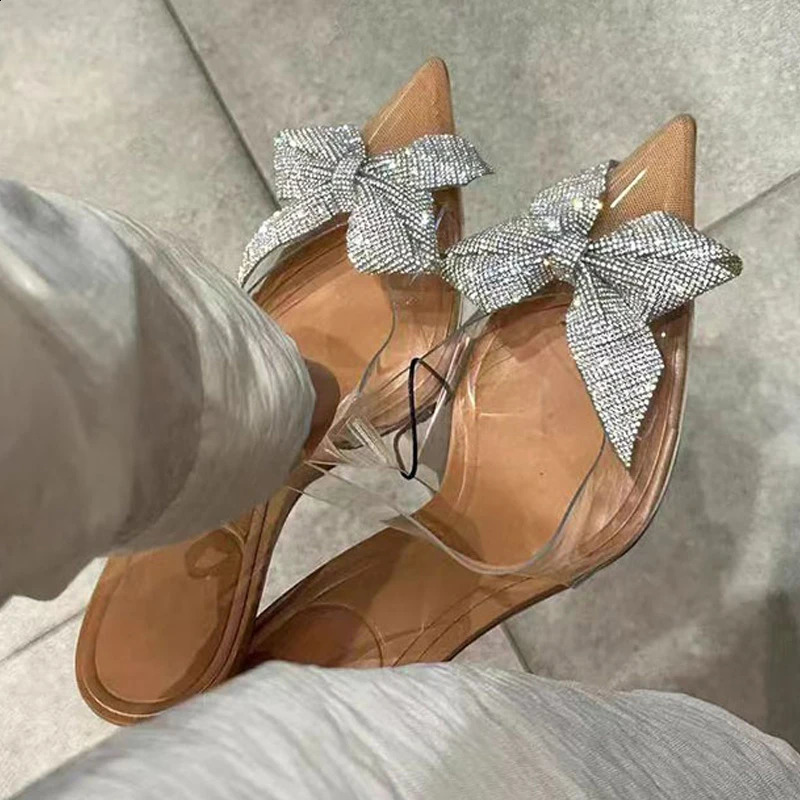 Point Head Womens High Heel Sandals Summer Water Diamond Bow Tie Strap Pump Womens Transparent Khaqi Sole Stiletto Shoes 240925
