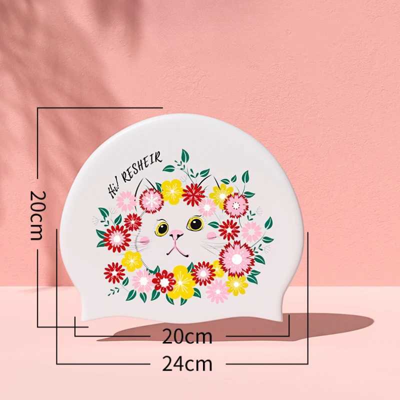 Cartoon swimming cap fashionable printing silicone swimming cap womens large long hair earmuffs swimming pool accessories CL241009