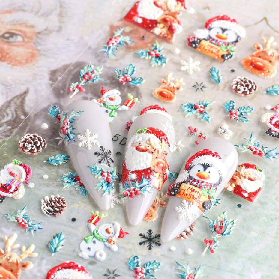 5D embossed Christmas cartoon nail stickers bird snowflakes Santa Claus gingerbread winter slider Year decoration SADK098-103 241008