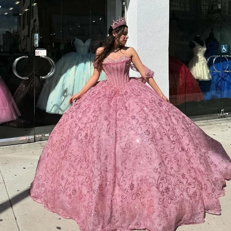 Pink Shiny Sweetheart Ball Gown Quinceanera Dresses Princess Corset Dresses Sequin Appliques Lace Beads Tull Vestidos De 15 Anos Sweet 16 Dress