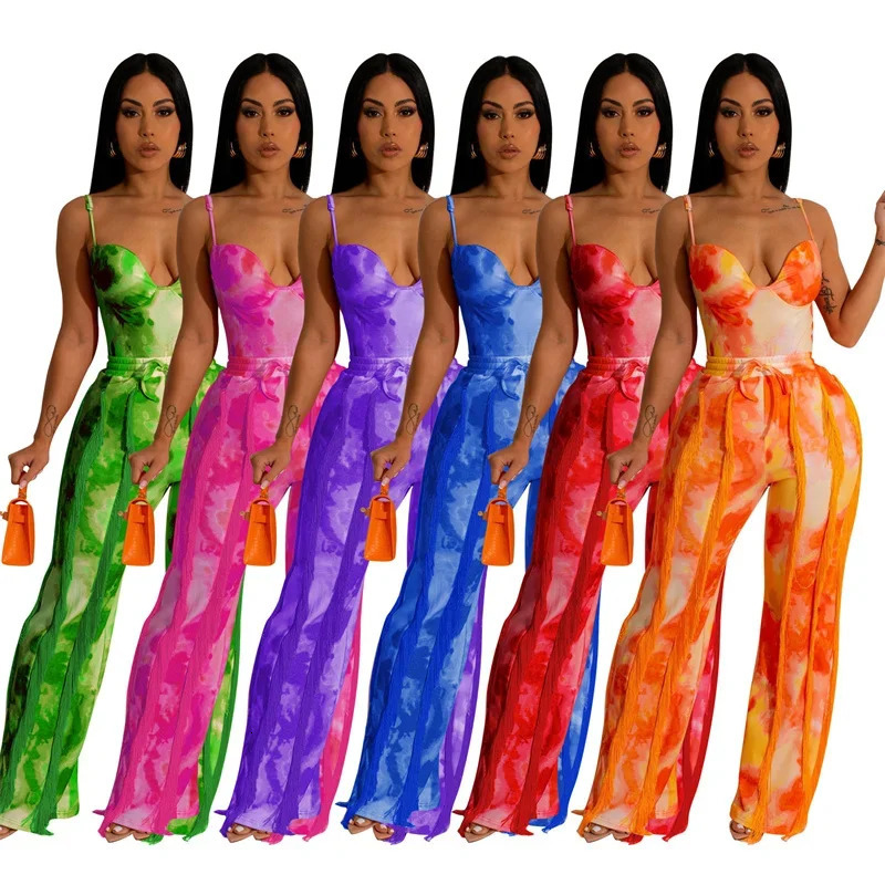 Tie dye printed twopiece womens pants set holiday clothing club tight fitting clothes top and fringe matching 241007