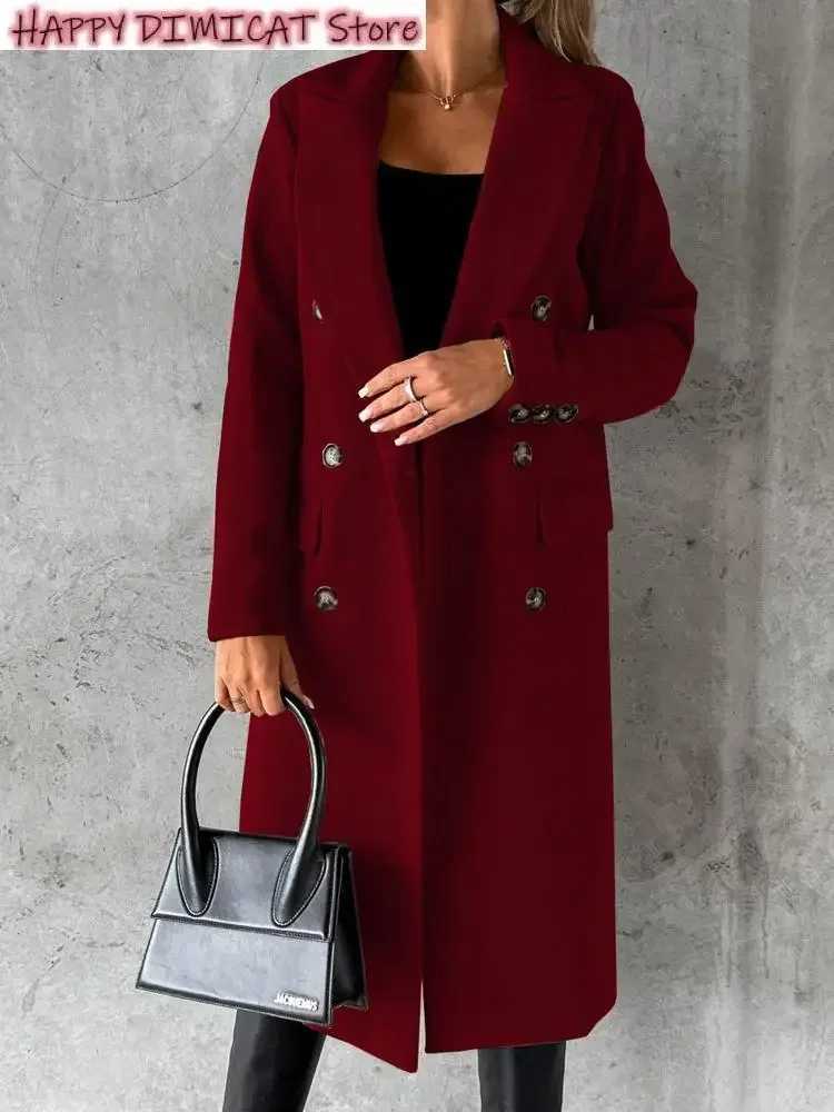 Woolen Coat Casual Solid Color Coats Women Autumn Winter Long Jacket Ladies Vintage Double Breasted Overcoat Female ElegantX241009