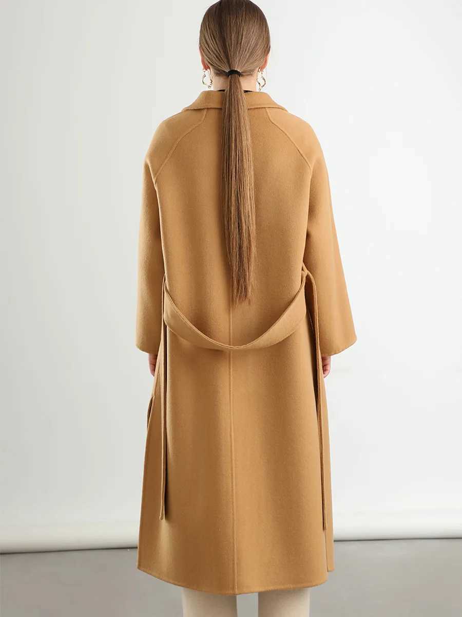 Women Classic 100% Wool Long Coat Turn-down Collar Belt Double Layer Wide Notch Lapel Full Sleeve Overcoat 22 Fall Winter #17X241009