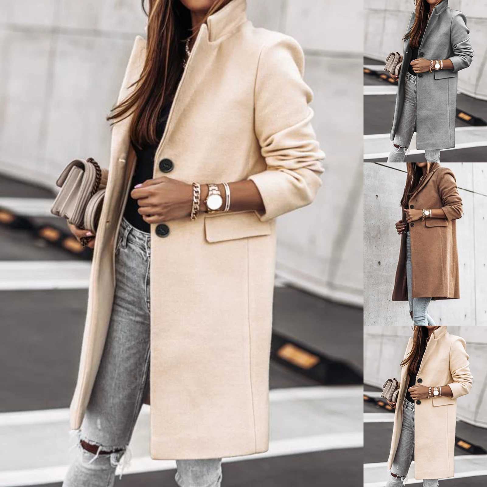 S-XL Casual Women Woolen long Coat womens 2019 Winter solid color Loose Female thinning Wool Blend coatX241009