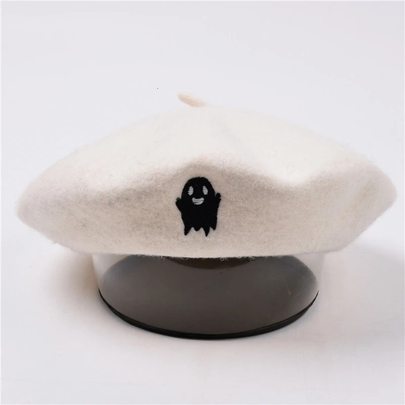 Embroidered Ghost Personalized Halloween Party Solid Color Beret Neutral Autumn Winter Warm Womens Hat Halloween Hat 241007