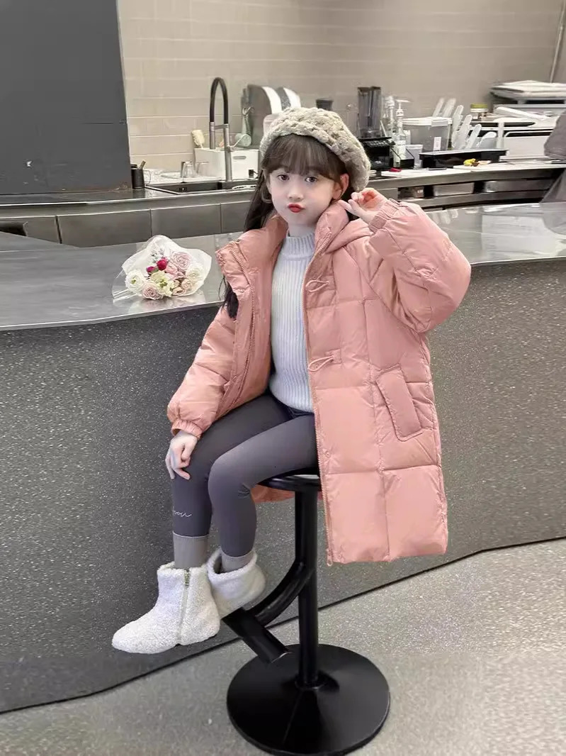 Winter Parkas warm cotton childrens jacket hooded solid jacket suitable for girls outerwear pink purple childrens clothing 5-12 years TR256 240927