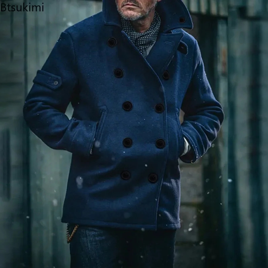 Mens thick and warm British wool coat autumn winter lapel button long sleeved pocket jacket mens clothing 241007