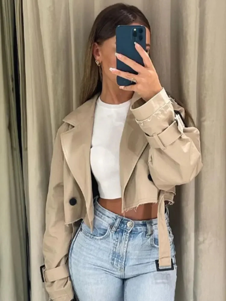 Fashion Belt Cropped Trench Spring Jacket Women Vintage Streetwear Double Breasted Long Sleeve Top Female Coat Outfits 241009