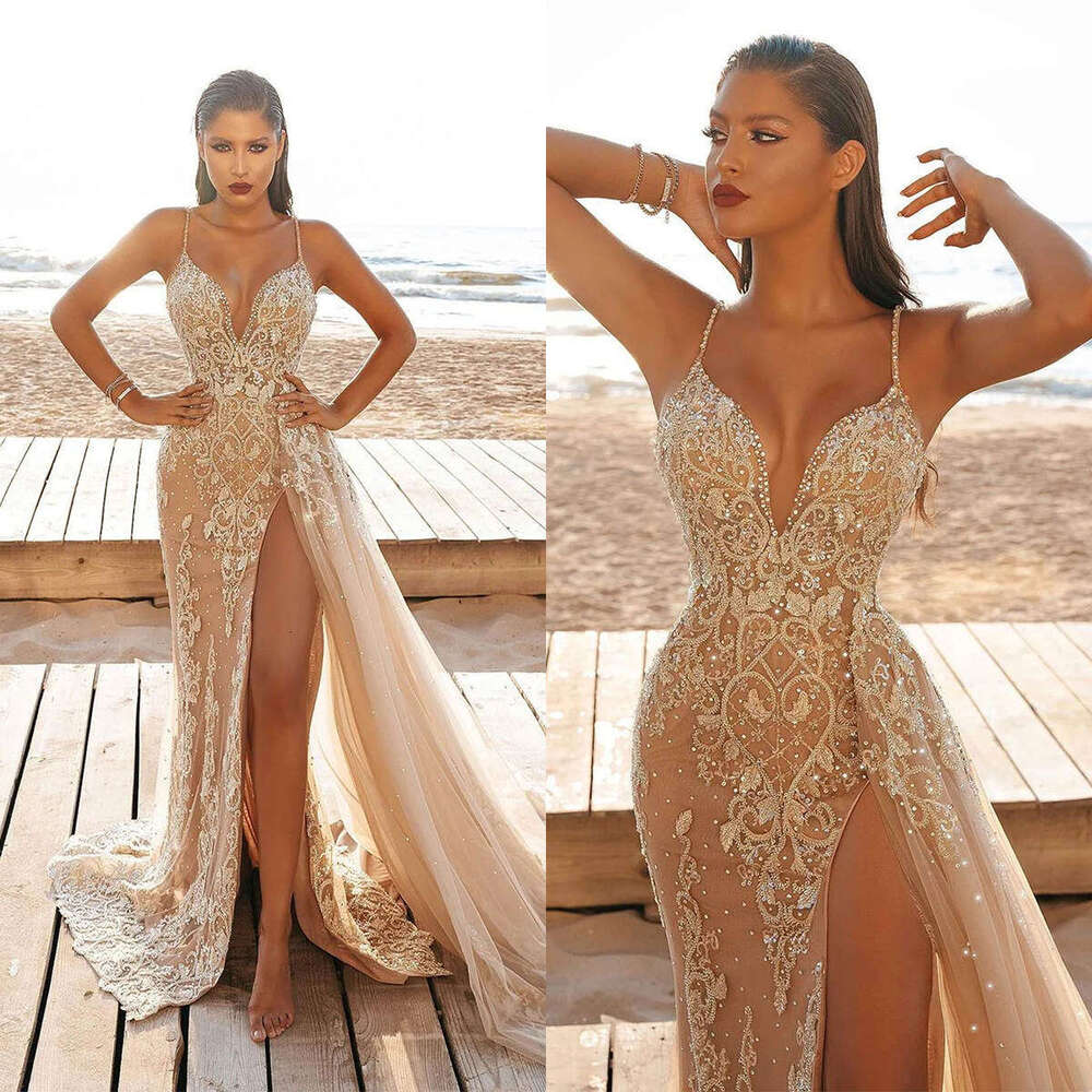 Romantic Evening A-E V-Neck Split Sequined Appliques Backless Prom Gown Party Dress Vestido De Noite Custom Made 6660311