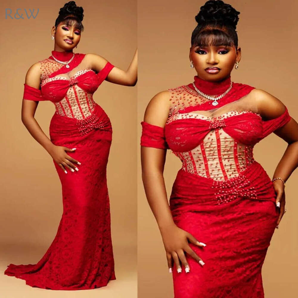 R&W 2024 Aso Ebi Red Prom For Special Ocns Evening Dresses Elegant Illusion Promdress High Neck Mermaid Beaded Lace Birthday Dress Reception Gowns AM1