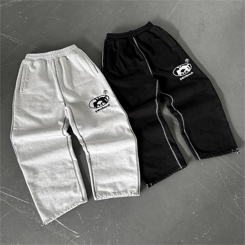 Y2K Sweat Pants Men Embroidered High Street Fashion Drawstring Leg Tie Pants Street Casual Oversized Cotton Straight Leg Pants 240930 ww1