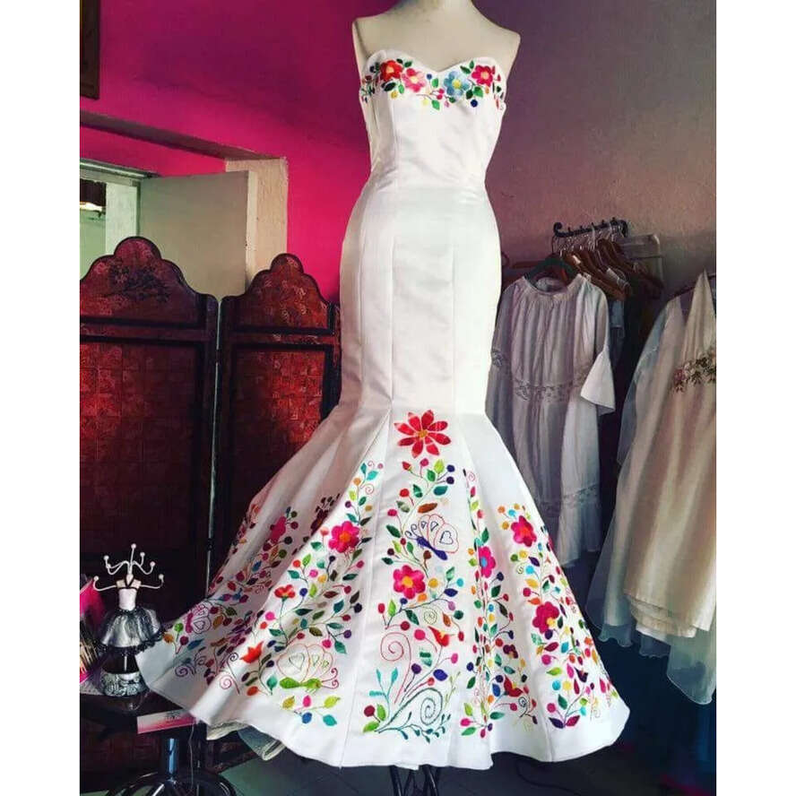 2022 Vintage Mexican UPS Embroidered Wedding Dress Chic White Satin Sweetheart Top Corset Back Formal Dresses For Bride es