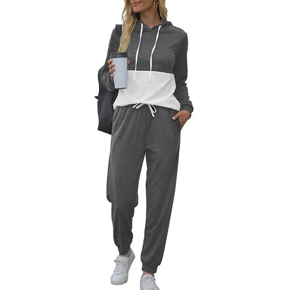 1 set of sportswear womens running long sleeved patchwork work polyester casual hooded pants fitness 241007