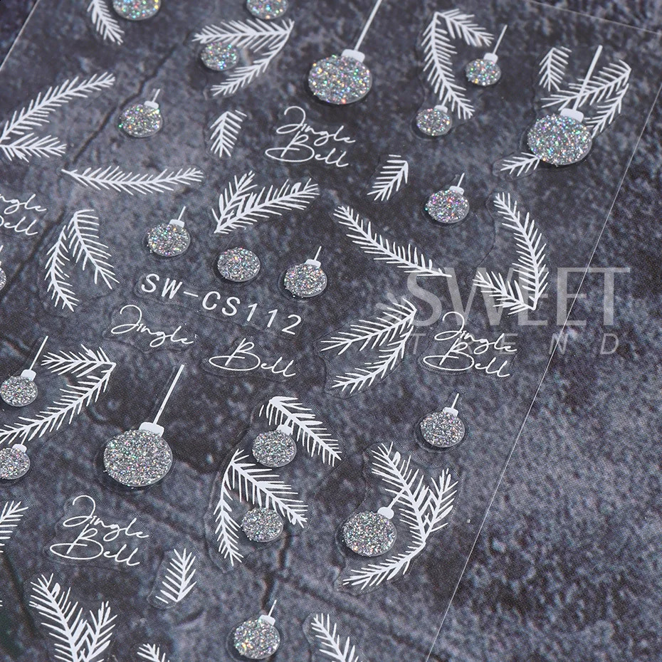 Silver Flash Christmas Nail Stickers 3D Winter Tree Snowflake Feather Lantern Gift Wine Holographic Ergonomic Slide Tips 241008