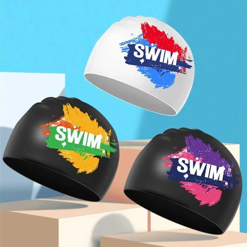 Printed swimming cap silicone anti slip waterproof mens swimming cap high elasticity long hair ear protection adult swimming cap CL241009