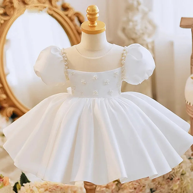 Preschool Baby Dress Bow Baptist Dress Girls 1st Birthday Party Wedding Bead Dress Formal Occasion Tutu Fluffy Dress 241008