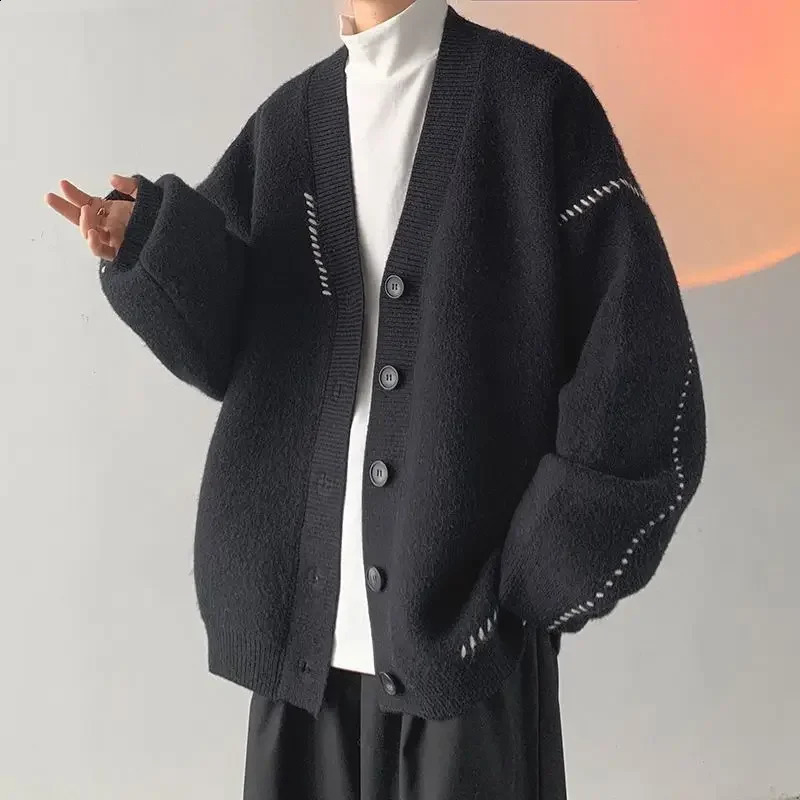 Retro mens sweater Korean clothing jacket autumn and winter knitted cardigan mens long sleeved Harajuku cashmere Y2k 241007