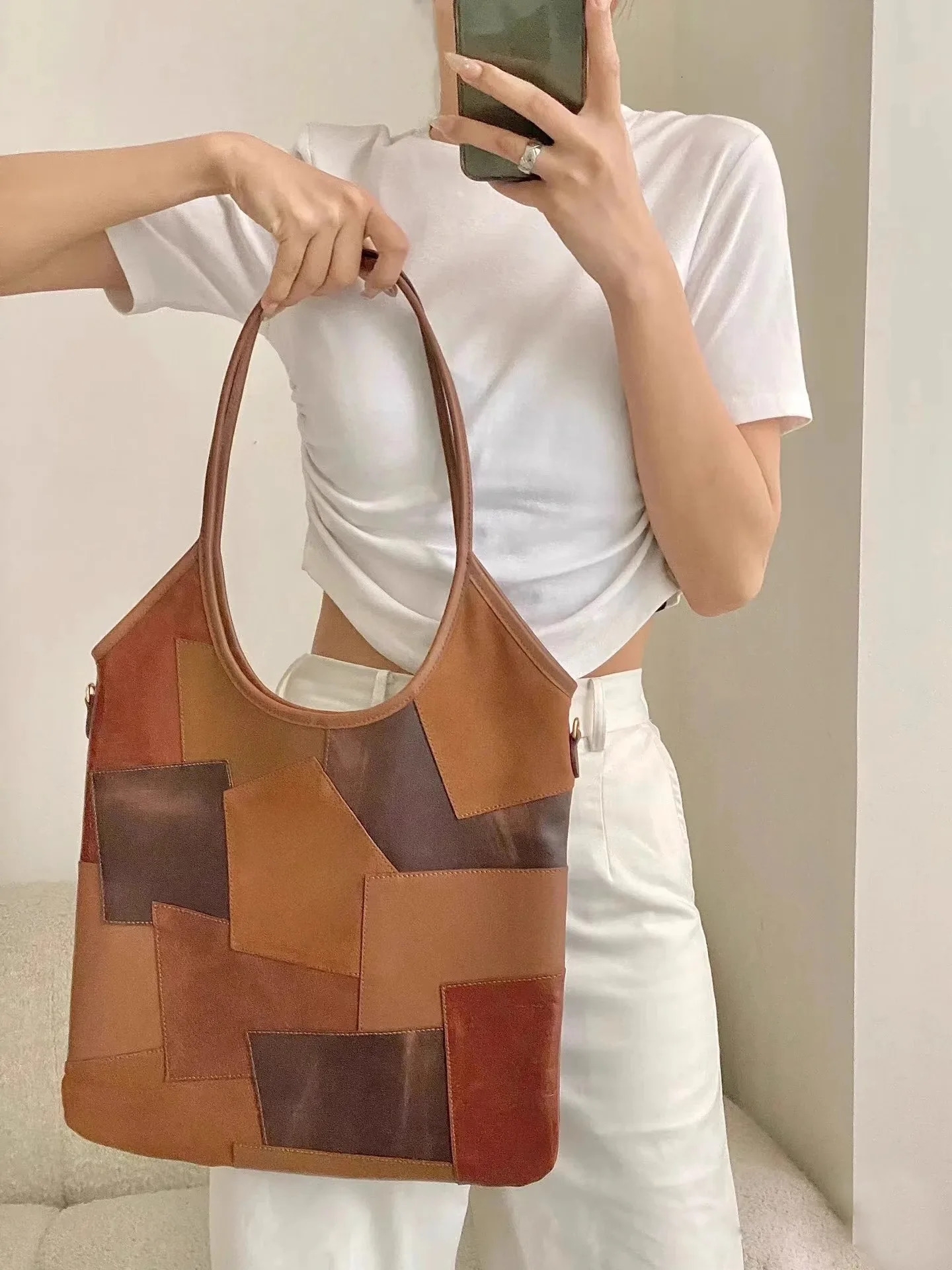 Retro fashion womens handbag with genuine leather patches working casual y n lingerie bag 241008