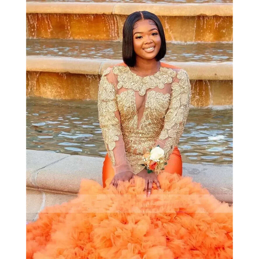 Ebi Orange Aso Style Mermaid African Prom Dresses For Black Girls Golden Beading Rhie Ruffles Party Dress Robe De