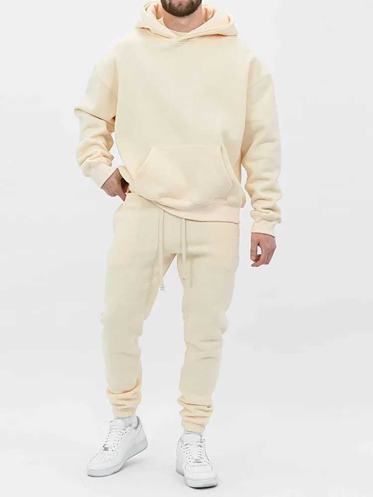 Men's Hoodies Sweatshirts Mens Tracksuits Fashion Solid Plush Tracksuit Large Pocket Hooded Pullover Autumn Winter Elastic Drawstring Sports Q241