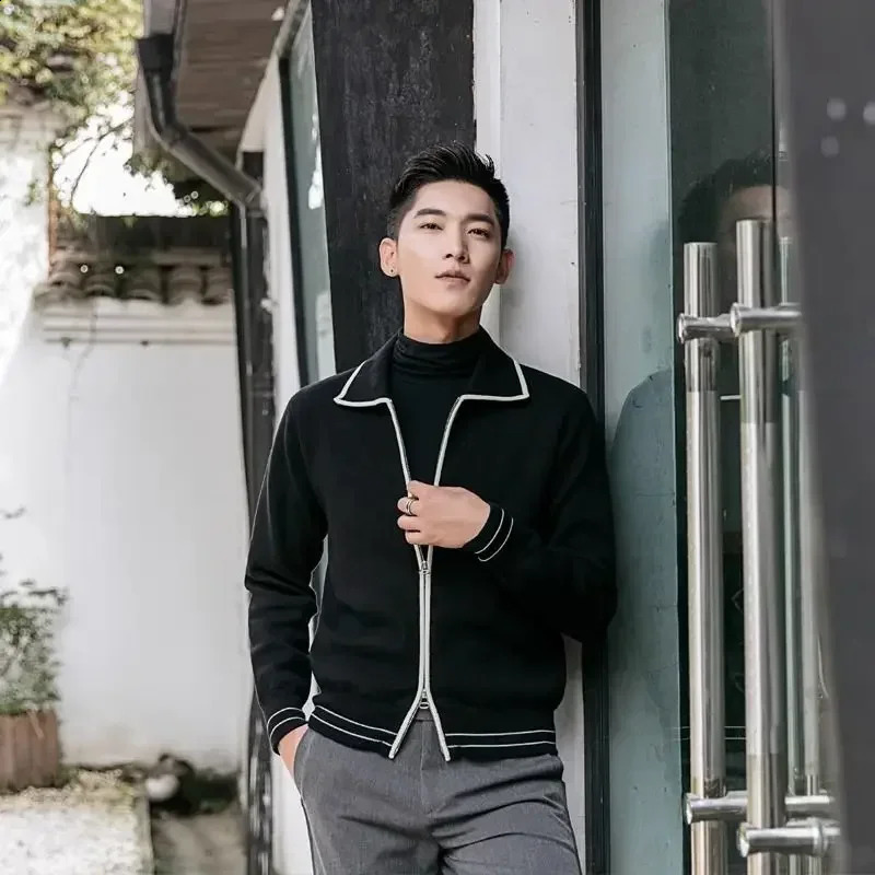 Autumn and winter warm zipper mens sweater wool jacket retro Korean fashion er jumper knitted cardigan mens 241007
