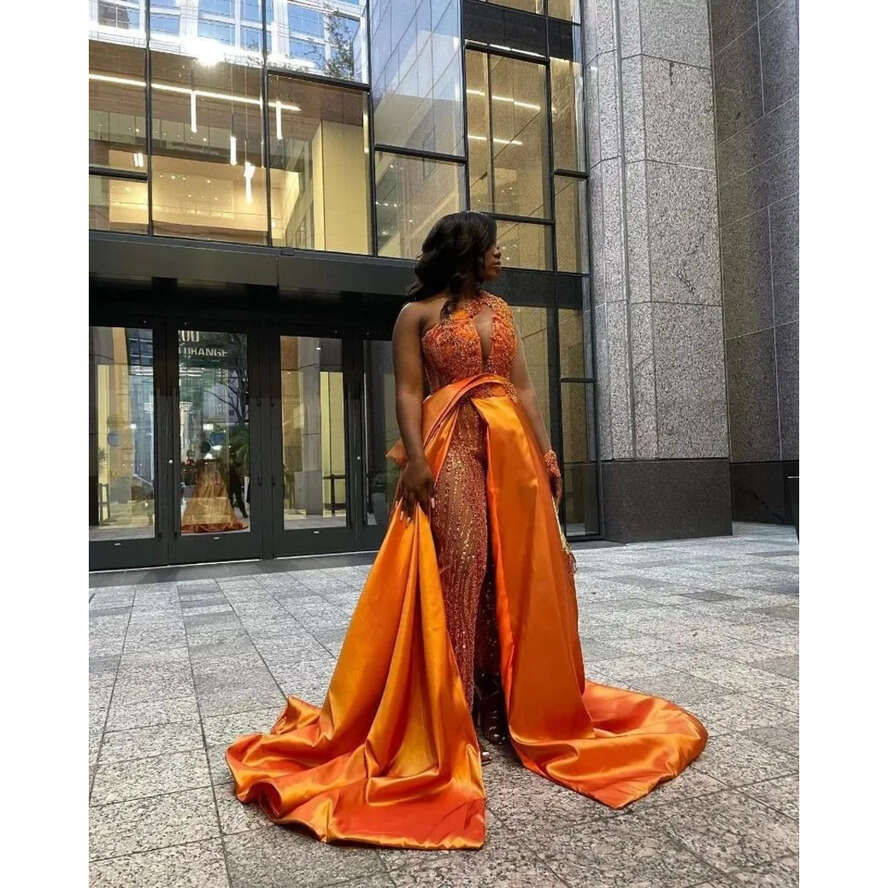 Prom Jumpsuits Orange Beaded Dresses Sequined One Shoulder Necke Overskirt Evening Gowns Appliqued Sweep Train Special Ocn Formal Wear Plus Size