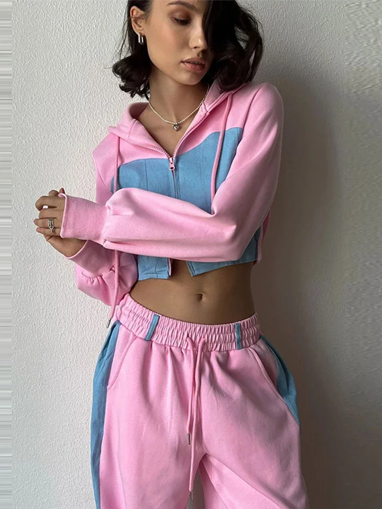 Casual Comparison Brushed Hoodie Set Womens Ultra Thin Zipper Crop Coat Loose Wide Leg Pants Autumn Track and Field Wear 241007